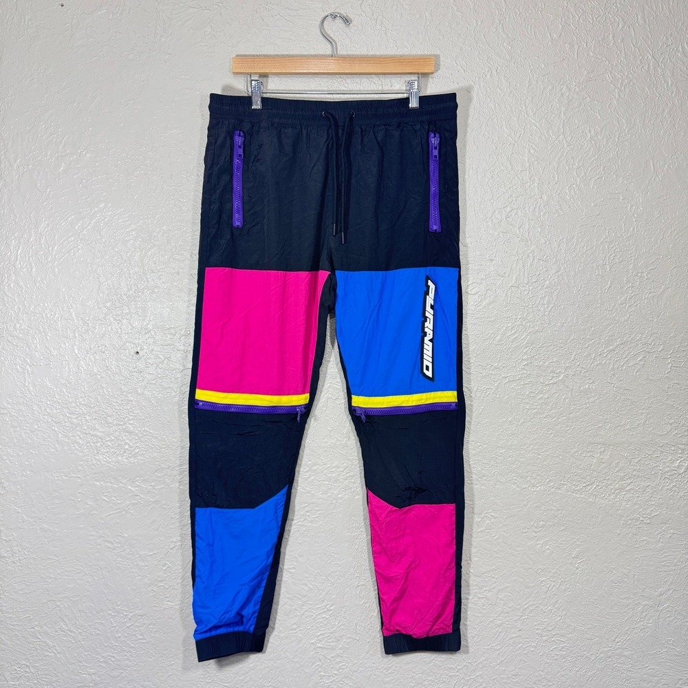 Black Pyramid‎ Track Pants XL Parachute Joggers Colorblock Neon 90s Streetwear